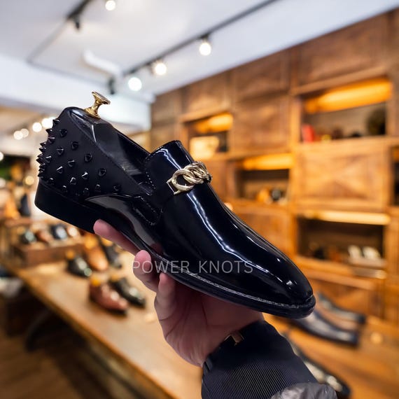 gold studded dress shoes Men's Handmade Bespoke Italian Black Patent Black Spike Chain Buckle Genuine Leather Moccasin Loafers, Black Patent Loafers Men nike gold shoes