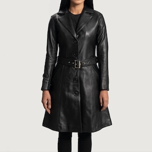 Women&#39;s Black Leather Long Coat, Women&#39;s Black Leather Trench Coat, Trench Coat for Women, Women&#39;s Black Leather Jacket, Long Coat for Women