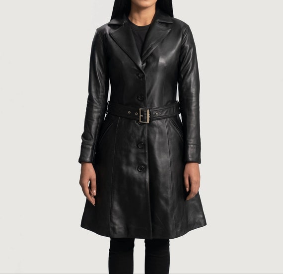 Women's Black Leather Long Coat, Women's Black Leather Trench Coat, Trench Coat for Women, Women's Black Leather Jacket, Long Coat for Women