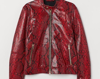 Men's Red Crystal Snake Print Effect Motorcycle Biker Genuine Leather Jacket, Men's Red Python Leather Jacket, Men's Red Python Snake Jacket