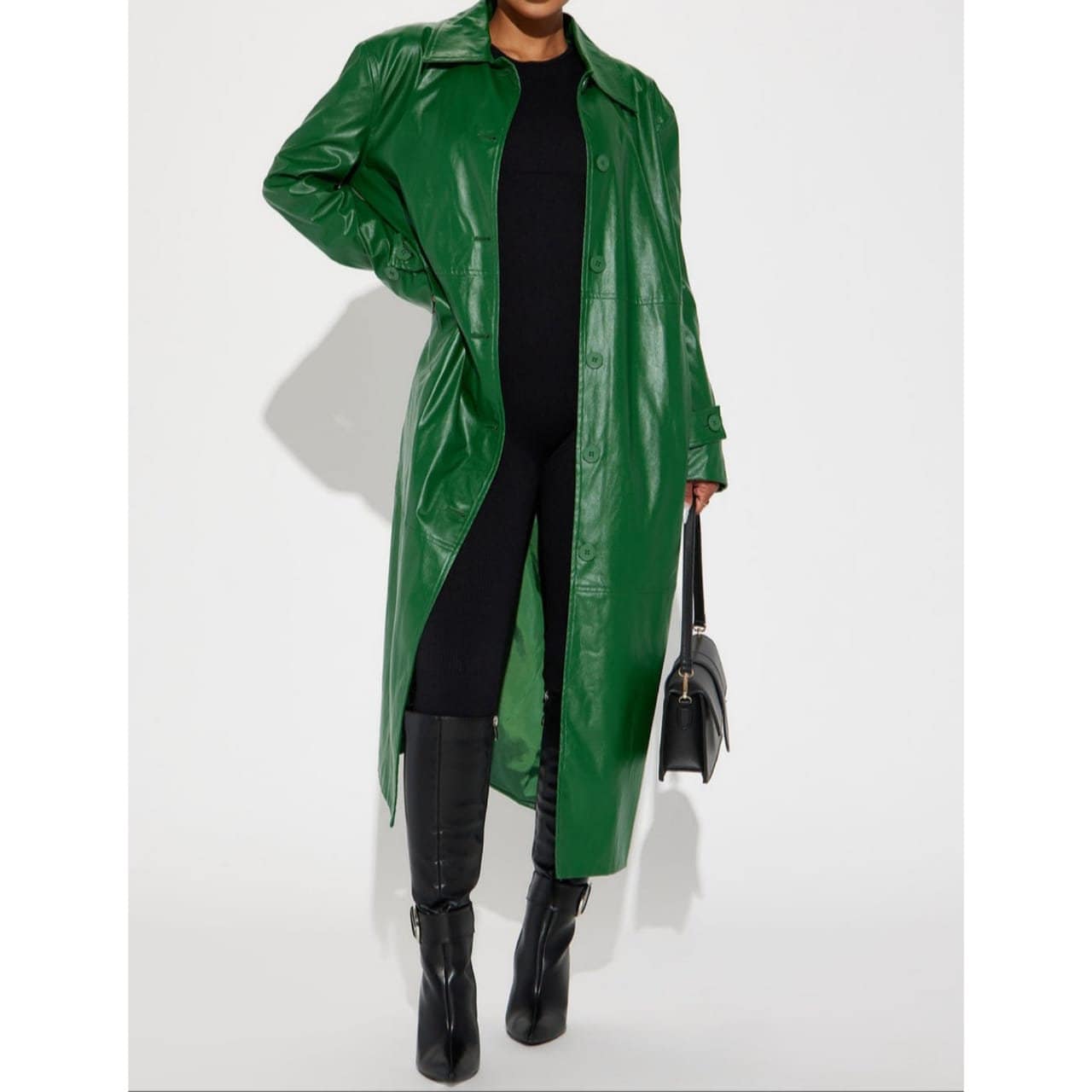 Women's Green Single Breasted Driving Leather Trench Coat/Long Coat, Women's Green Leather Trench Coat, Women's Green Leather Long Coat