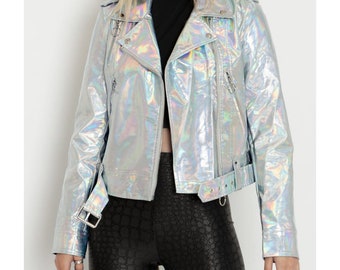 Women's Silver Holographic Foil Slim Fit Motorcycle Biker Leather Jacket, Women's Silver Leather Jacket, White Leather Jacket for Women