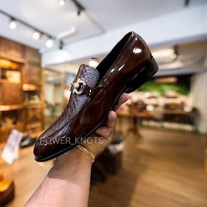 Bespoke Men&#39;s Hand Painted Patina Italian Brown Python Anaconda Textured Genuine Leather Loafer Slip On Moccasins, Men&#39;s Leather Shoes