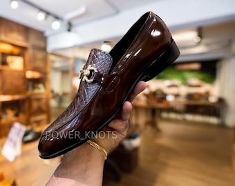 Bespoke Men's Hand Painted Patina Italian Brown Python Anaconda Textured Genuine Leather Loafer Slip On Moccasins, Men's Leather Shoes