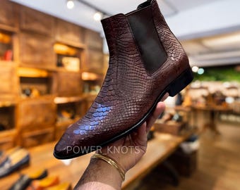 Men's Handmade Italian Cut Vintage Brown Python Embossed High Ankle Genuine Leather Chelsea Boots, Bespoke Cobra Leather Chelsea Boots Men