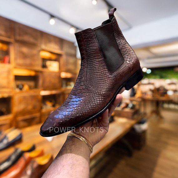 Men's Handmade Italian Cut Vintage Brown Python Embossed High Ankle Genuine Leather Chelsea Boots, Bespoke Cobra Leather Chelsea Boots Men