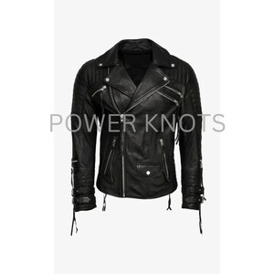 May include: Black leather motorcycle jacket with zippered pockets and a silver zipper. The jacket has a quilted design on the shoulders and sleeves.