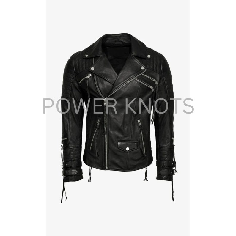 May include: Black leather motorcycle jacket with zippered pockets and a silver zipper. The jacket has a quilted design on the shoulders and sleeves.