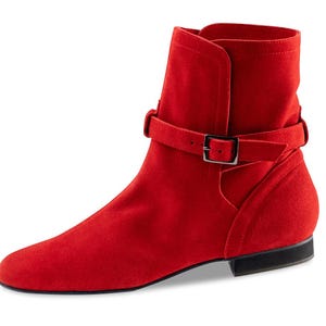Women&#39;s Bespoke Handmade Italian Red Suede Genuine Leather Low Heel Ladies Dance Boots, Ladies Red Suede Genuine Leather Strap Chelsea Boots