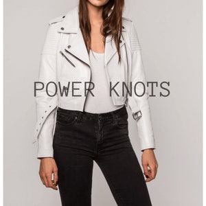 Women&#39;s Pure White Solid Cropped Motorcycle Biker Leather Jacket with Petite Belt, Women&#39;s White Biker Jacket, Women&#39;s White Leather Jacket