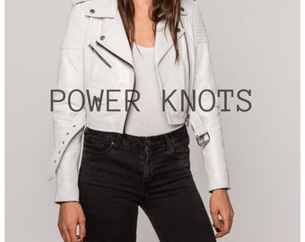 Women&#39;s Pure White Solid Cropped Motorcycle Biker Leather Jacket with Petite Belt, Women&#39;s White Biker Jacket, Women&#39;s White Leather Jacket