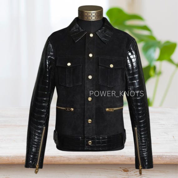 Men's Black Croc Embossed Effect Gold Plated Hardware Motorcycle