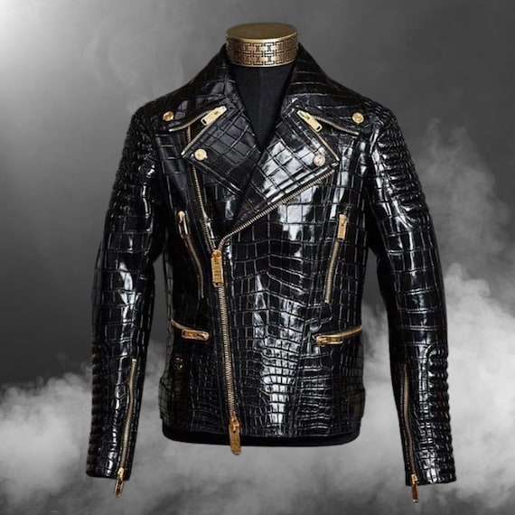 Men's Black Patent Croc Emboss Effect Gold Plated Hardware