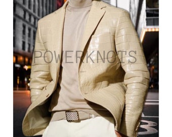 Men&#39;s Beige Patent Croc Embossed Business Leather Coat, Men&#39;s Beige Croc Leather Blazer, Men&#39;s Beige Patent Leather Coat, Croc Leather Coat