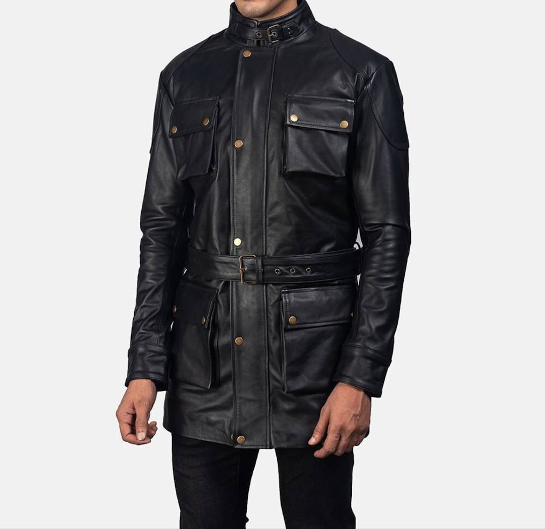 Men's Black Solid Military Commando Leather Jacket,men's