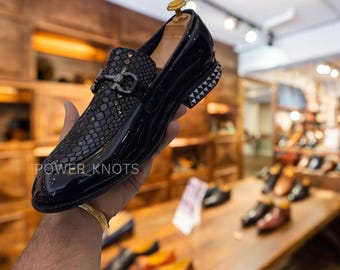 Men's Handmade Bespoke Italian Black Patent Snake Foil Spike Studded Heel Red Bottom Genuine Leather Moccasin Loafers, Luxury Moccasins Men