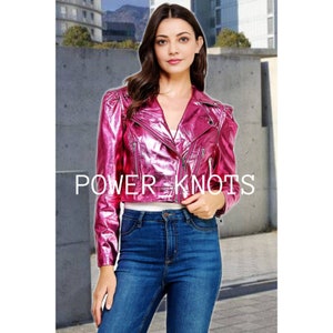 Pink Metallic Foil Effect Ruched Sleeve Biker Leather Jacket for Women, Women&#39;s Barbie Pink Metallic Foil Cropped Jacket,Pink Leather Jacket