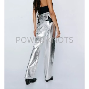 Women&#39;s Silver Metallic Foil Solid Tailored Flared Western Leather Trousers/Pants with Star Back Detail, Women&#39;s Silver Foil Leather Pants
