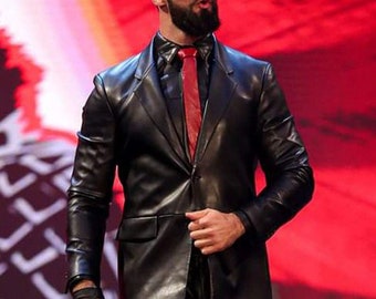 Men's Black Slim Fit Business Leather Blazer, Seth Rollins Black Leather Blazer, Men's Black Leather Coat, Black Leather Jacket for Men