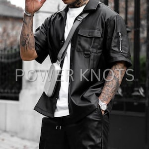 Men's Black Solid Casual Leather Shirt, Men's Black Utility Shirt, Leather Shirt for Men, Outdoor Leather Shirt, Men's Genuine Leather Shirt