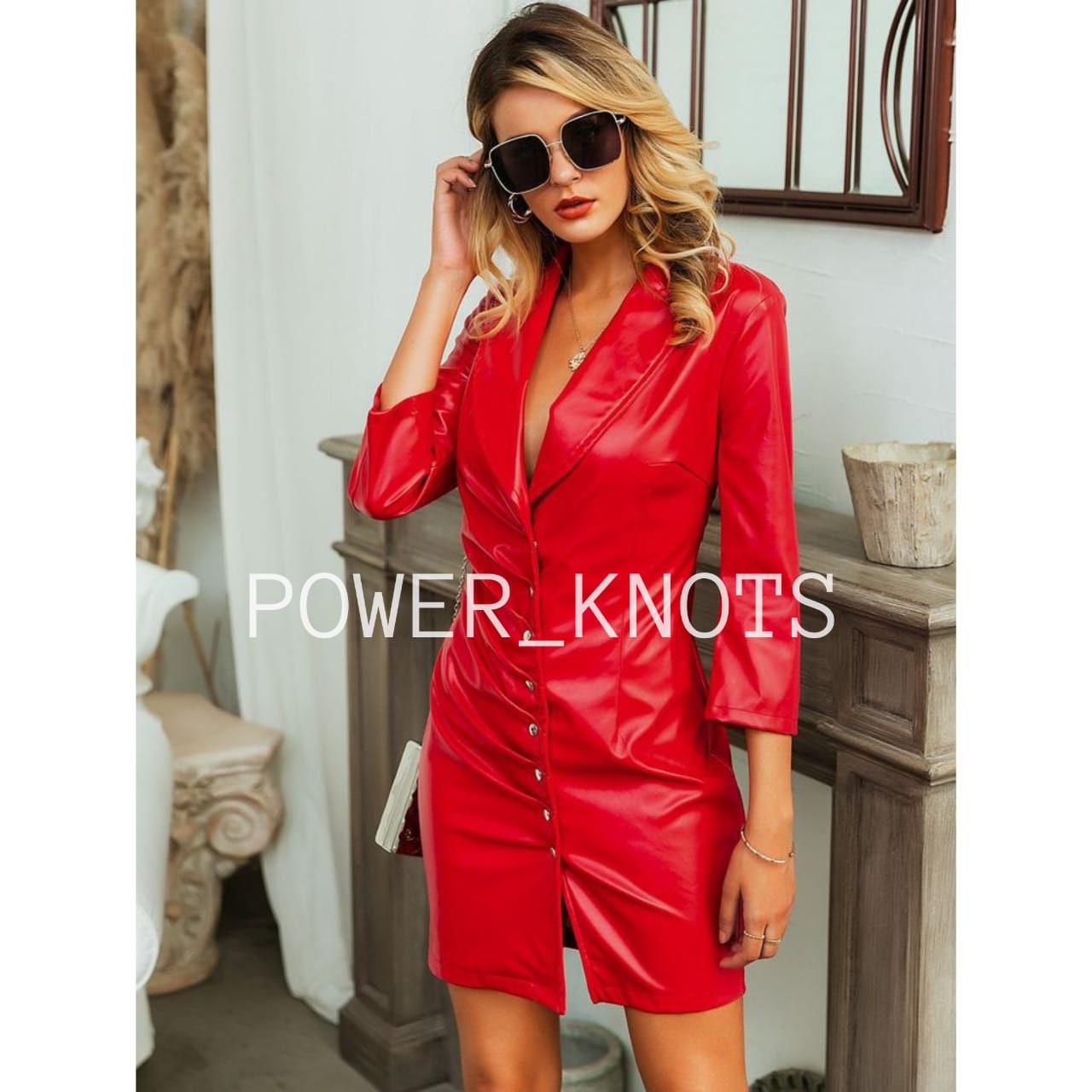 Women's Red Ruched Button Up Leather Dress, Women's Red Leather Dress, Women's Red Leather Jacket, Women's Red Dress, Red Ruched Short Dress
