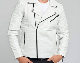 May include: A white leather motorcycle jacket with black zipper accents and a zipper closure. The jacket has a stand-up collar and a slightly asymmetrical zipper.