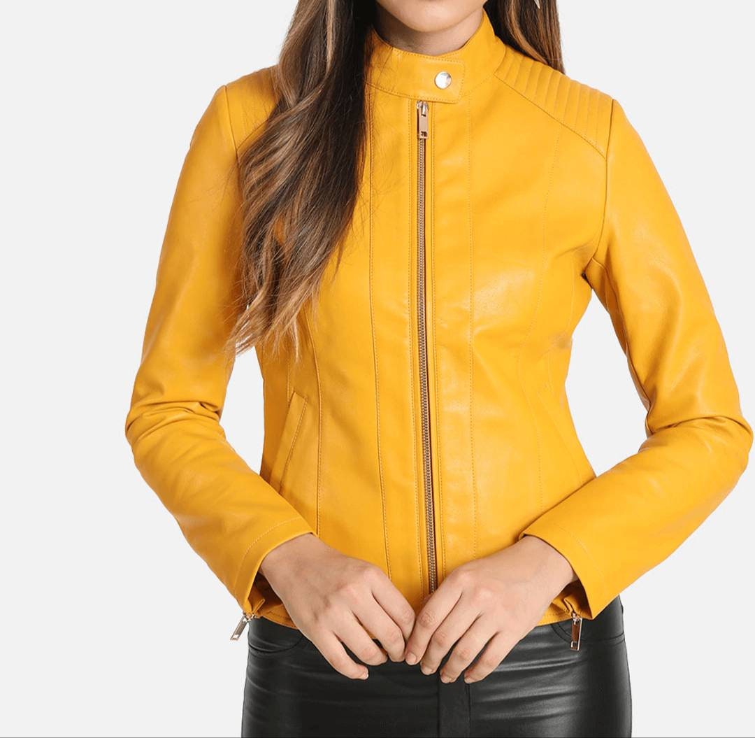 Women's Yellow Slim Fit Motorcycle Biker Leather Jacket, Women's Yellow Biker Jacket, Women's Yellow Leather Jacket, Yellow Jacket for Women