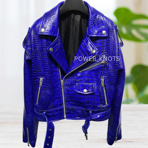 ジャケット・アウター BELVET Croc-Embossed Leather Jacket Blue Men's Electric Blue Croc Embossed Effect Black Vintage Finish