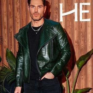 Men's Green Croc Embossed Effect Motorcycle Biker Leather Jacket