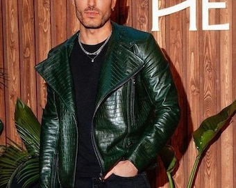 Men&#39;s Green Croc Embossed Effect Motorcycle Biker Leather Jacket, Men&#39;s Green Biker Leather Jacket, Green Crocodile Effect Leather Jacket
