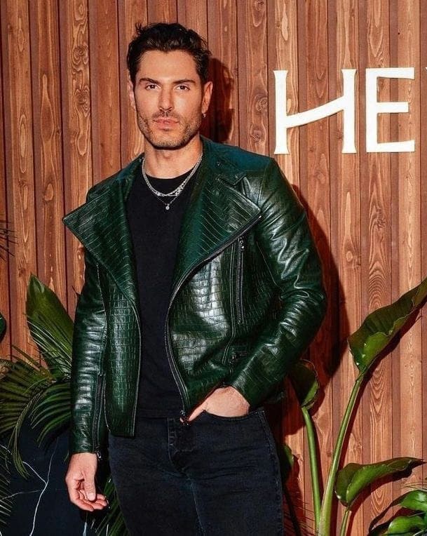 Men's Green Croc Embossed Effect Motorcycle Biker Leather Jacket