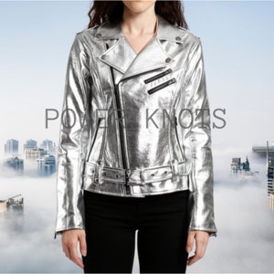 Women&#39;s Silver Metallic Foil Slim Fit Motorcycle Biker Leather Jacket with Petite Belt, Shiny Silver Metallic Foil Leather Jacket for Women
