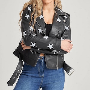 Women&#39;s Black Solid Casual Motorcycle Biker Leather Jacket with Petite Leather Belt and White Star Detail, Women&#39;s Black Star Leather Jacket