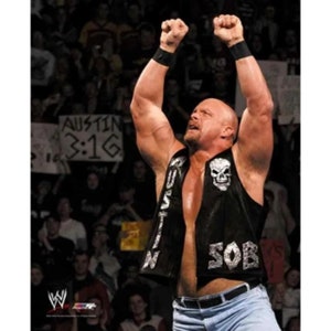 May include: A wrestler with a muscular build wearing a black leather vest with silver studs and the word "SOB" on the back. The vest also has a skull design on the front. He is raising his arms in the air and has a determined expression on his face.
