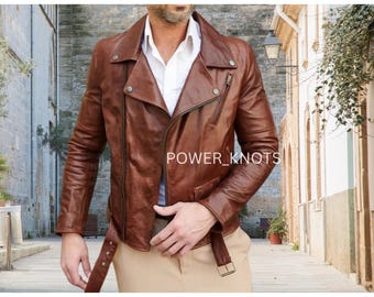 Men's Vintage Tan Brown Slim Fit Tailored Motorcycle Biker Genuine Leather Jacket, Mens Vintage Brown Leather Jacket, Tan Leather Jacket Men