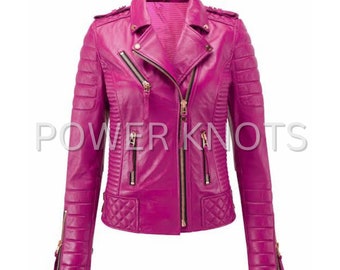 Felroze effen leren motorjack dames, roze dames bikerjack, roze leren damesjack, fuchsia jack voor dames