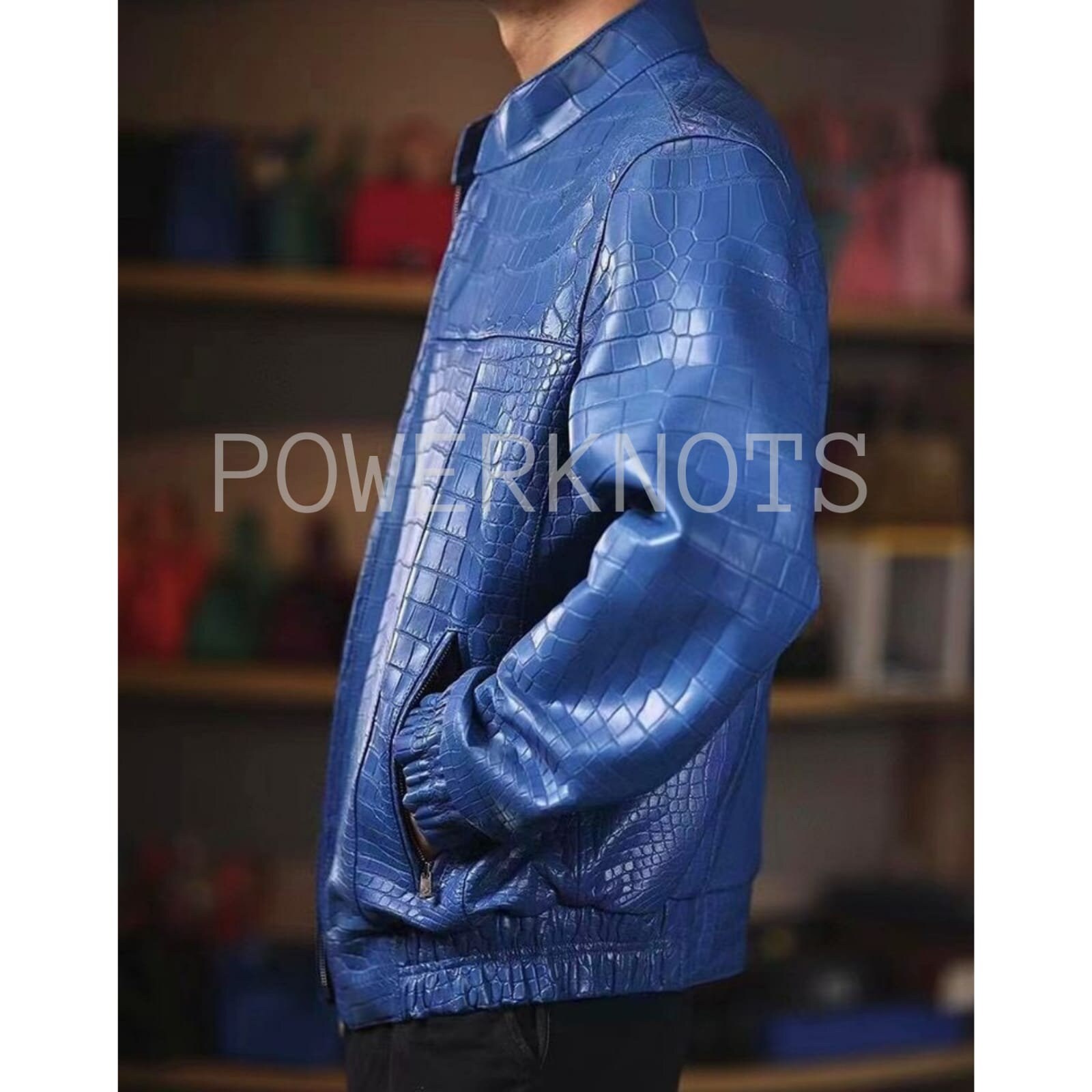 Men's Blue Croc Embossed Effect Motorcycle Biker Elasticated