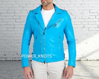 Men&#39;s Turquoise Blue Tailored Motorcycle Biker Genuine Lamb Leather Jacket, Mens Bright Blue Leather Jacket,Shiny Blue Vinyl Leather Jacket