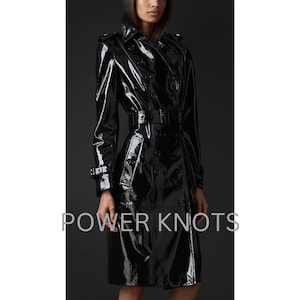 Women&#39;s Black Patent Double Breasted Leather Trench Coat/Long Coat, Women&#39;s PVC Vinyl Effect Black Trench Coat, Black Leather Coat for Women