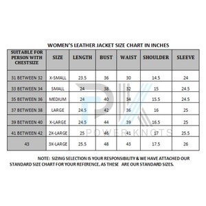May include: A size chart for women's leather jackets, showing the corresponding chest size, jacket size, length, bust, waist, shoulder, and sleeve measurements in inches.