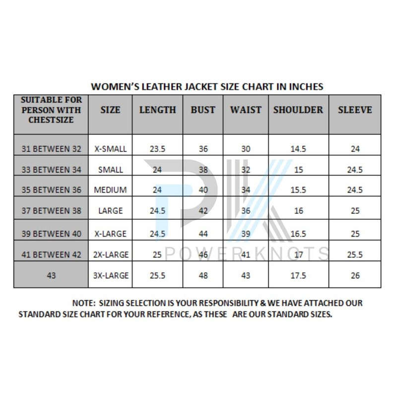 May include: A size chart for women's leather jackets, showing the corresponding chest size, jacket size, length, bust, waist, shoulder, and sleeve measurements in inches.