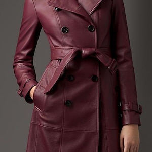 Women&#39;s Burgundy Double Breasted Leather Long Coat, Zendaya Burgundy Double Breasted Leather Trench Coat, Women&#39;s Burgundy Leather Jacket