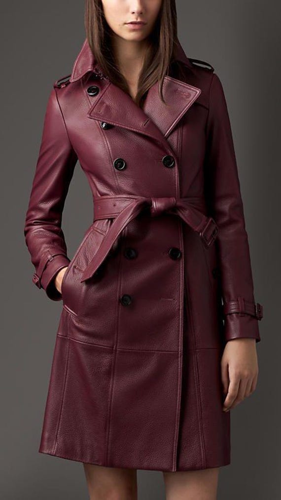 Women's Burgundy Double Breasted Leather Long Coat, Zendaya