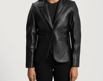 Women's Black Tailored Business Quilted Leather Blazer, Women's Black Leather Blazer, Woman Black Leather Coat, Woman Black Blazer Coat