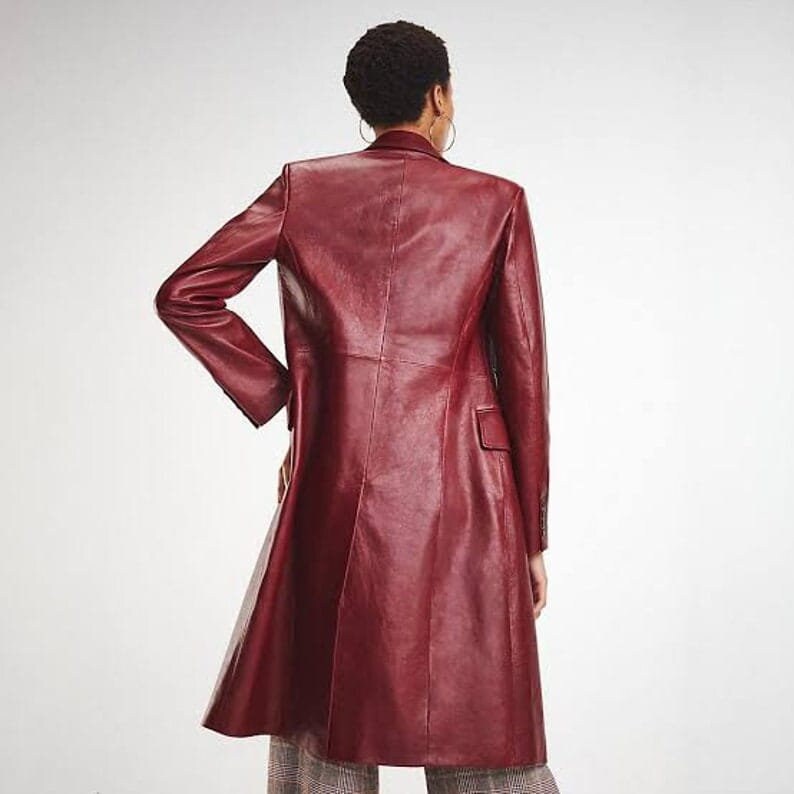 Women's Burgundy Double Breasted Leather Long Coat, Zendaya