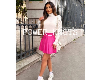 Women&#39;s Fuchsia Pink Tailored Lightweight Pleated Leather Skirt, Women&#39;s Pink Leather Skirt, Women&#39;s Hot Pink Skirt, Hot Pink Leather Skirt