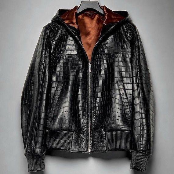 Men's Black Croc Embossed Hooded Genuine Lamb Leather Sweatshirt