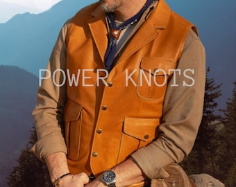 Chaleco vaquero vintage de cuero color canela para hombre, chaleco de cuero marrón canela para hombre, chaleco de cuero marrón para hombre, chaqueta vaquera marrón para hombre