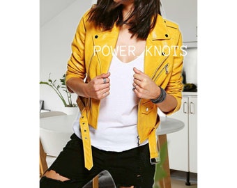 Women's Yellow Slim Fit Motorcycle Biker Real Leather Jacket, Women's Yellow Biker Jacket, Yellow Leather Jacket for Woman, Yellow Jacket