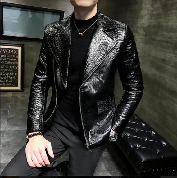 Men's Python Leather Jacket, Men's Black Python Embossed Men's Python Leather Jacket, Men's Black Python Embossed